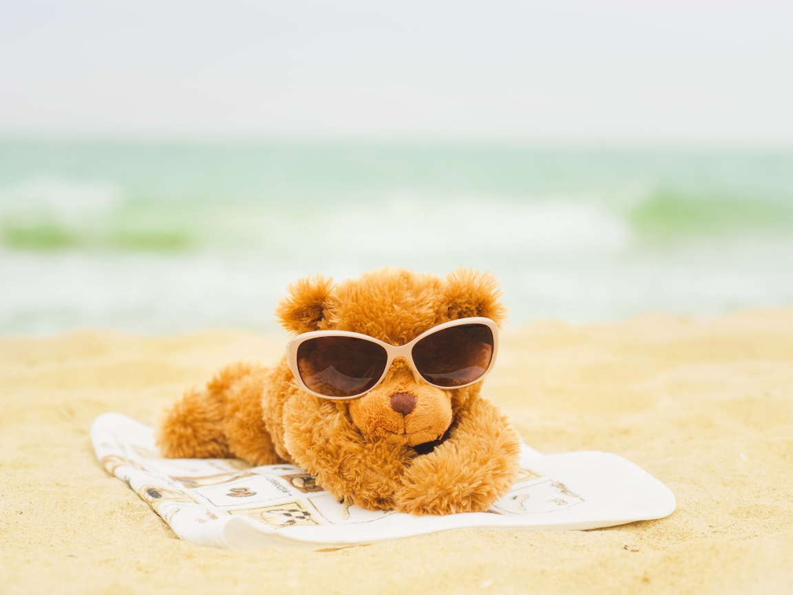 Плюшевый мишка в солнечных очках лежит на пляже