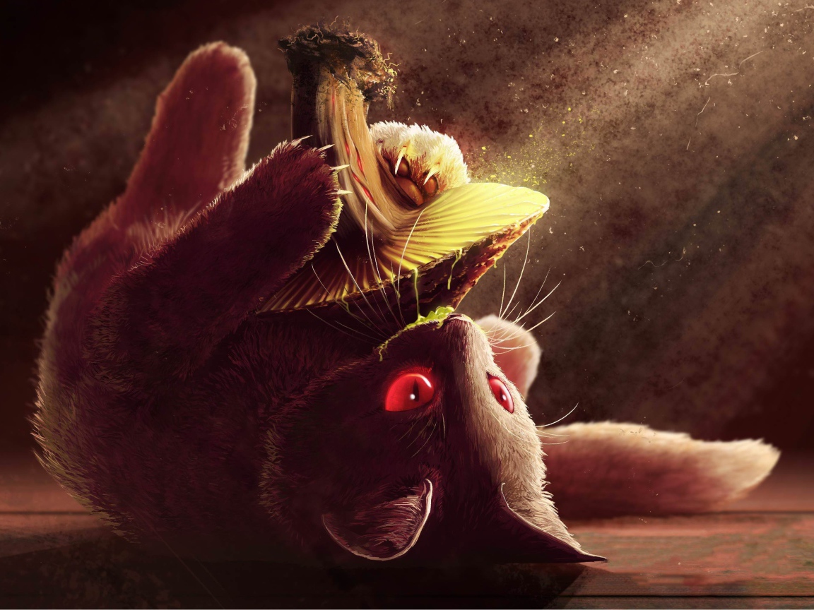 Нарисованный котенок с грибом 