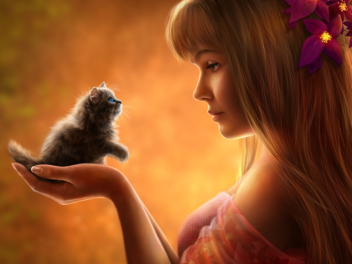 Девушка с цветами в волосах и с маленьким котенком в руках, фэнтези