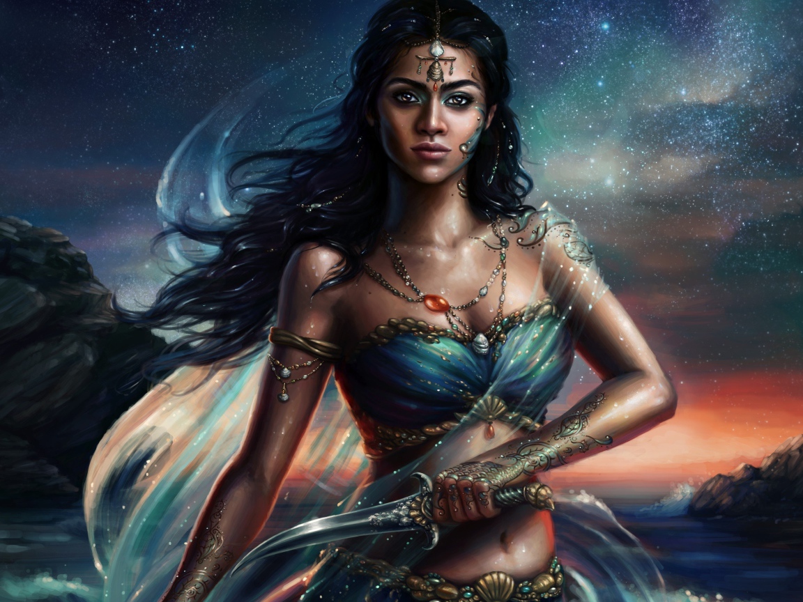 Beautiful warrior girl with dagger in hands, fantasy