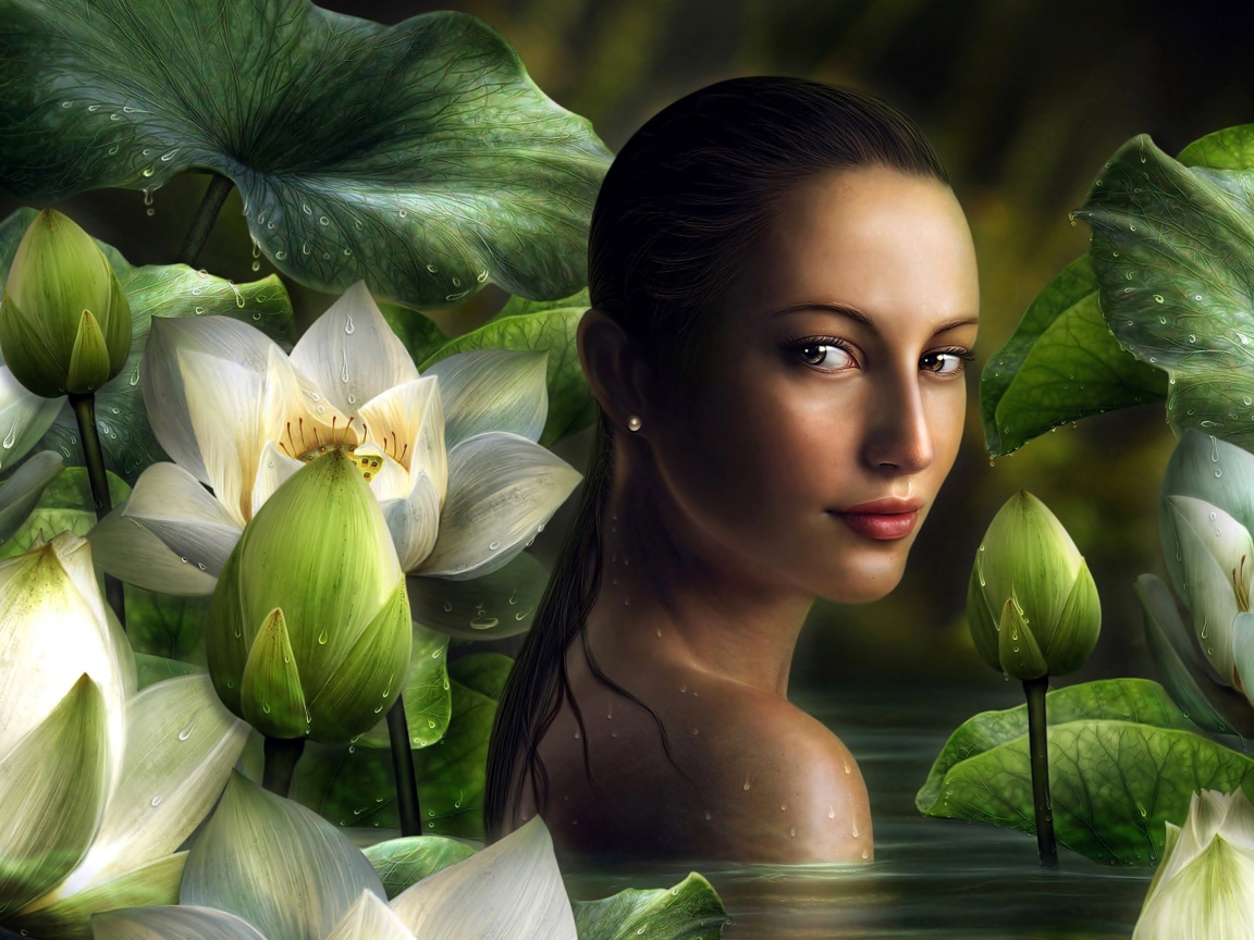 Девушка фэнтези на фоне белых цветов лотоса