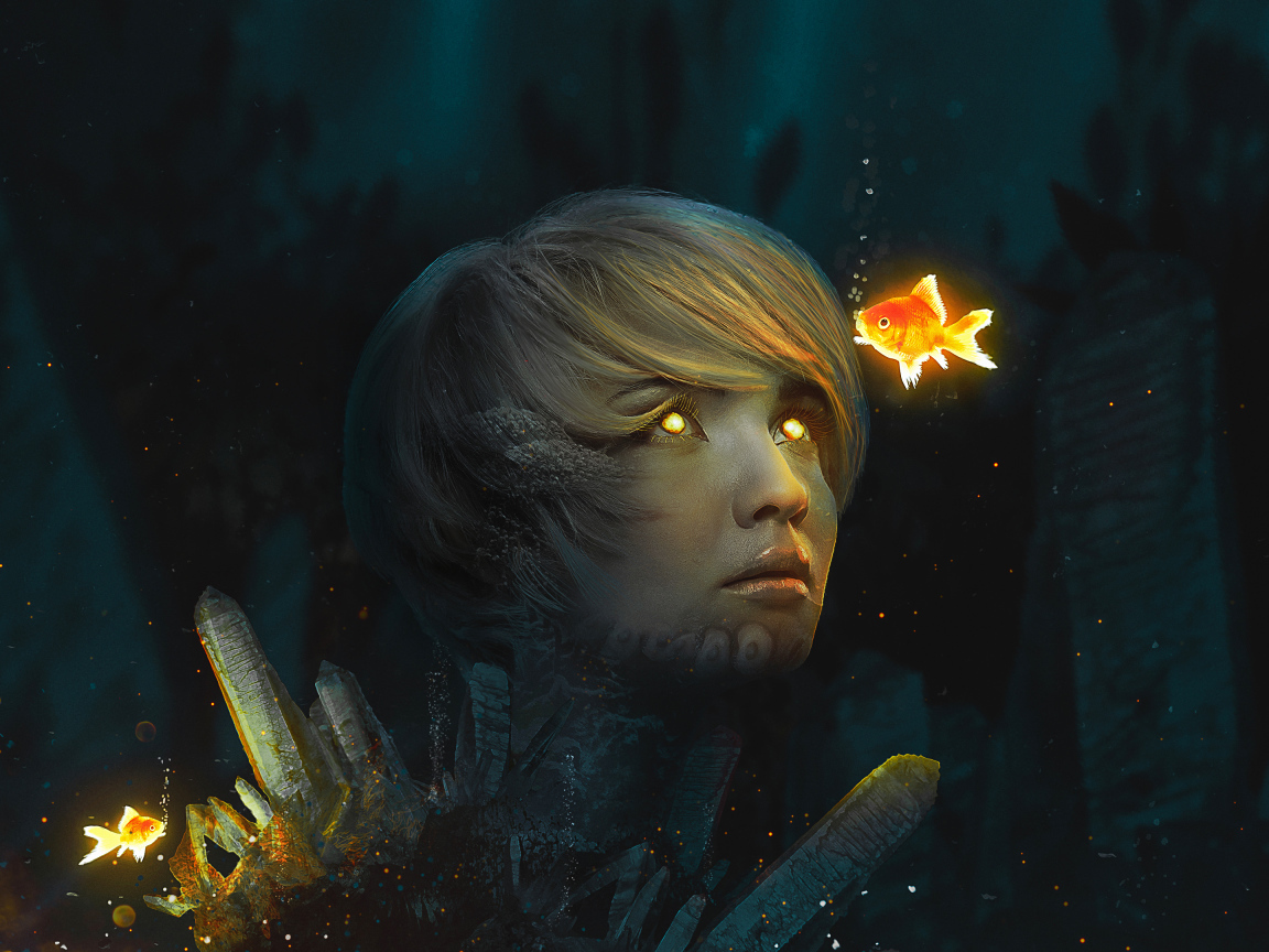 Девушка со светящимися глазами на дне с золотыми рыбками