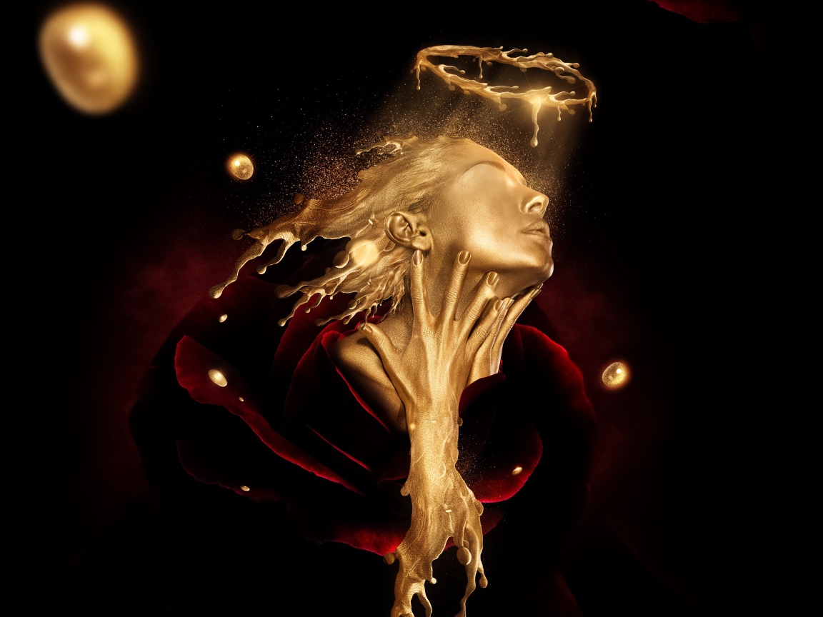 Лицо девушки из золота в красной розе, фэнтези