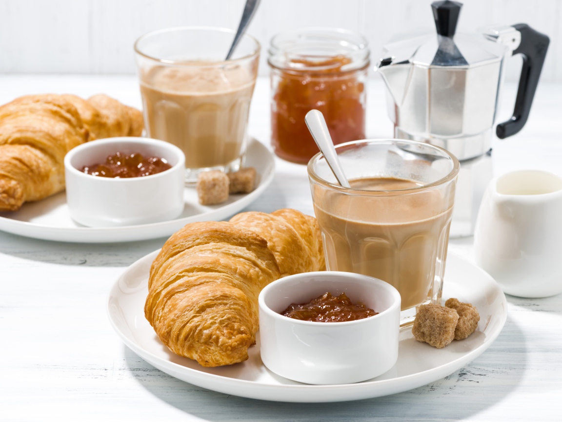 Какао с джемом и круассанами на завтрак