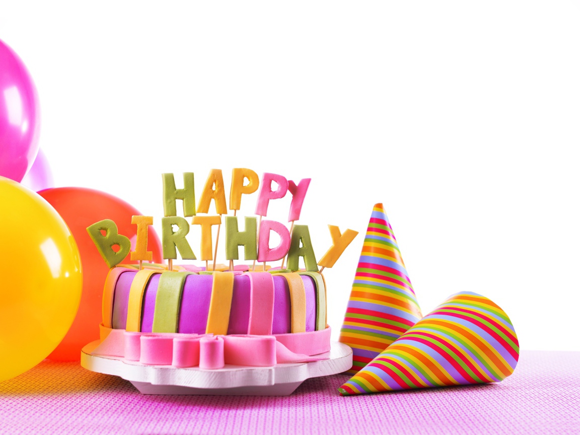 Birthday cake with balloons and caps on a white background