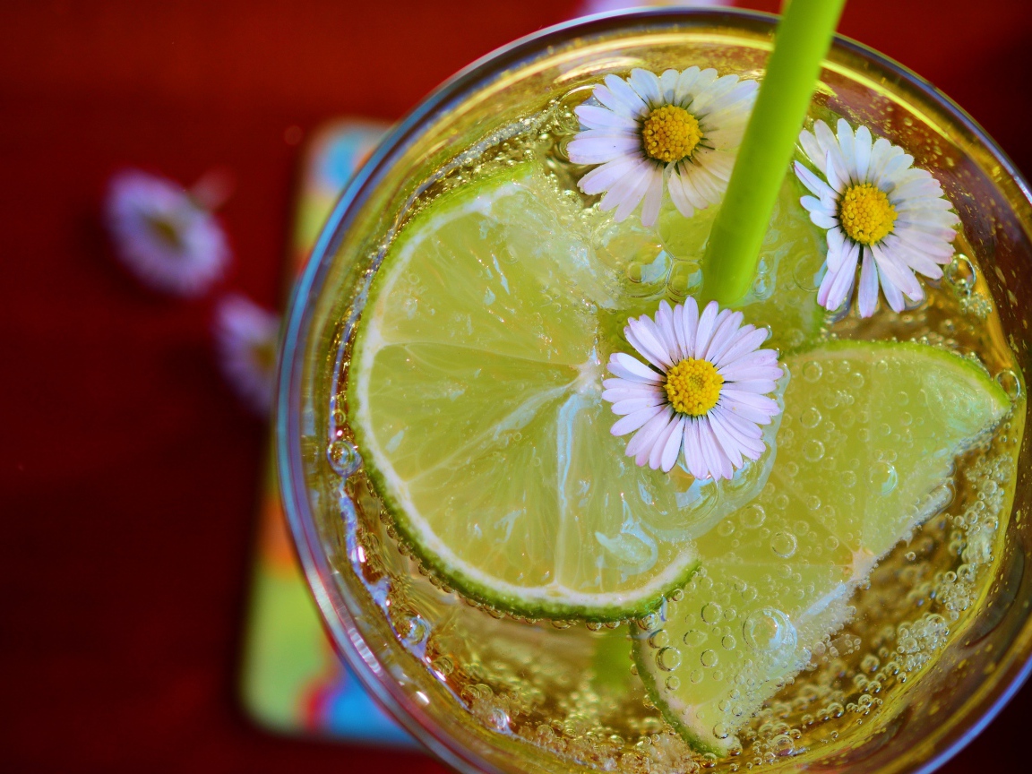 Газированный напиток с кусочками лайма и ромашками в стакане 