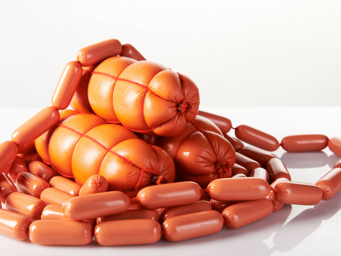 Свежие сосиски и колбаса на белом фоне