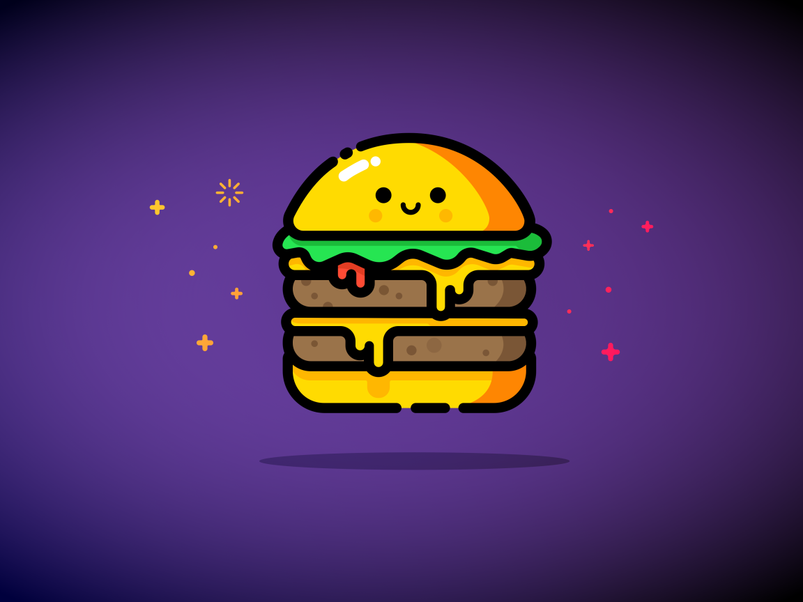 Нарисованный веселый гамбургер на фиолетовом фоне