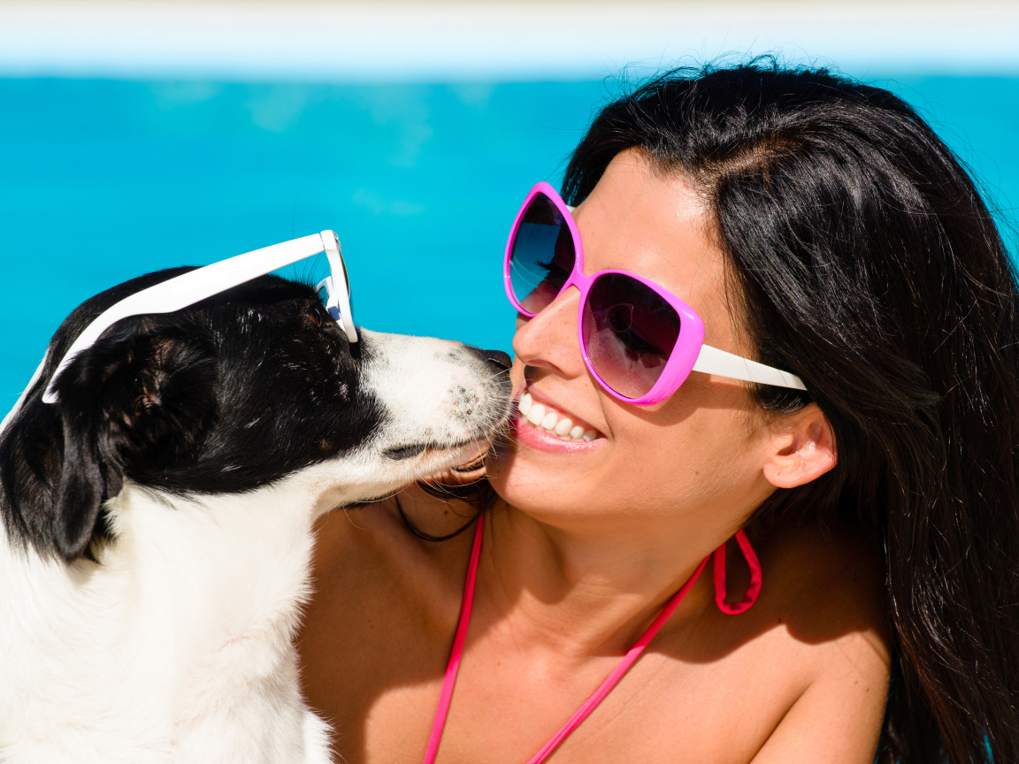 Красивая улыбающаяся девушка в солнечных очках с собакой 