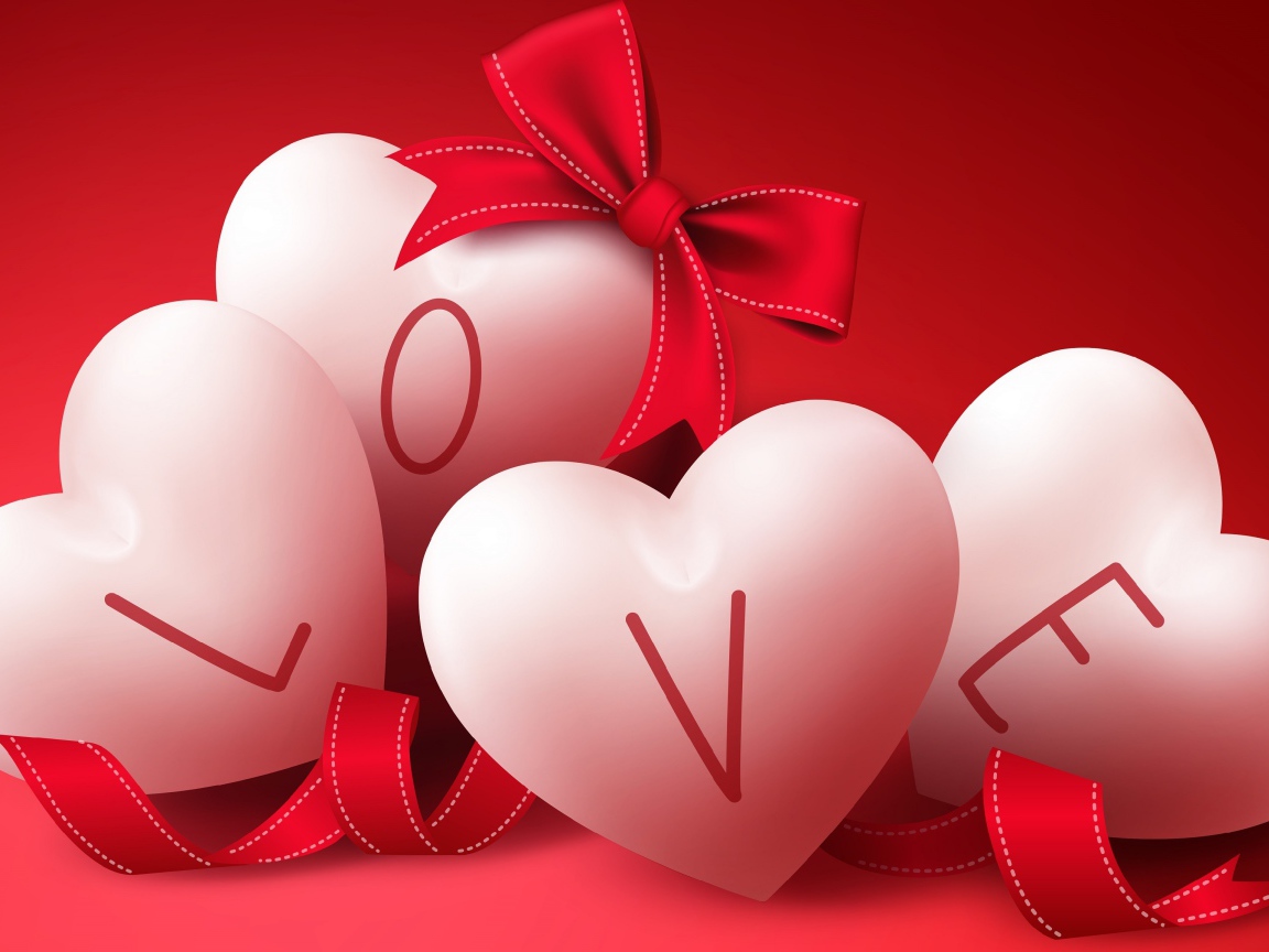 Большие белые сердечки на красном фоне с бантом