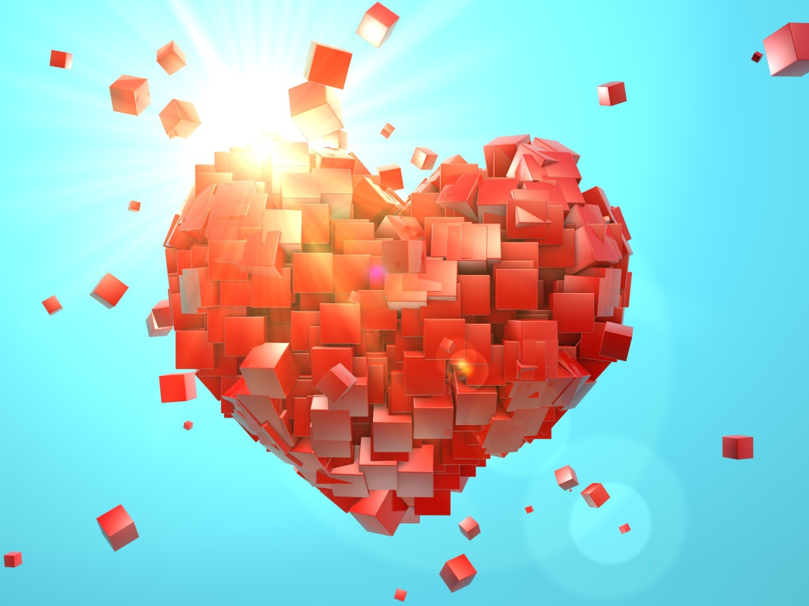 Сердце из красных кубиков на голубом фоне