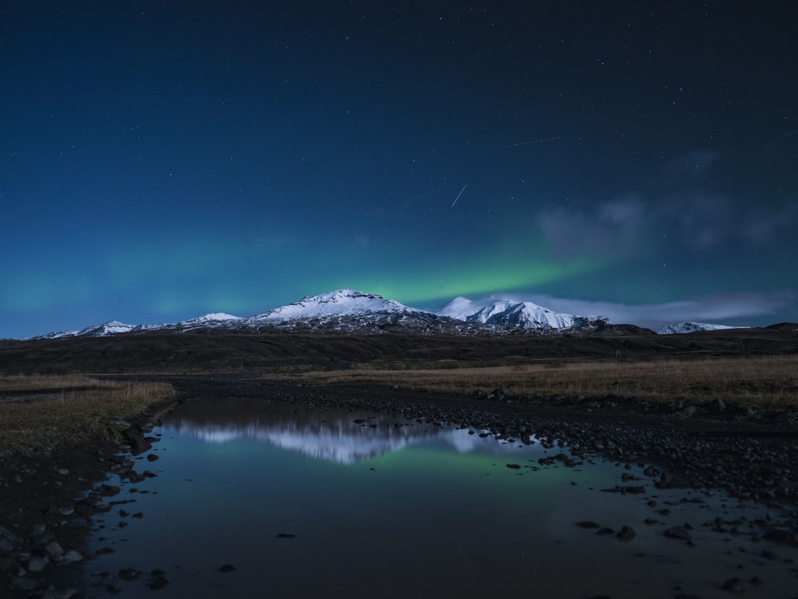Горы и небо отражаются в луже на дороге ночью 