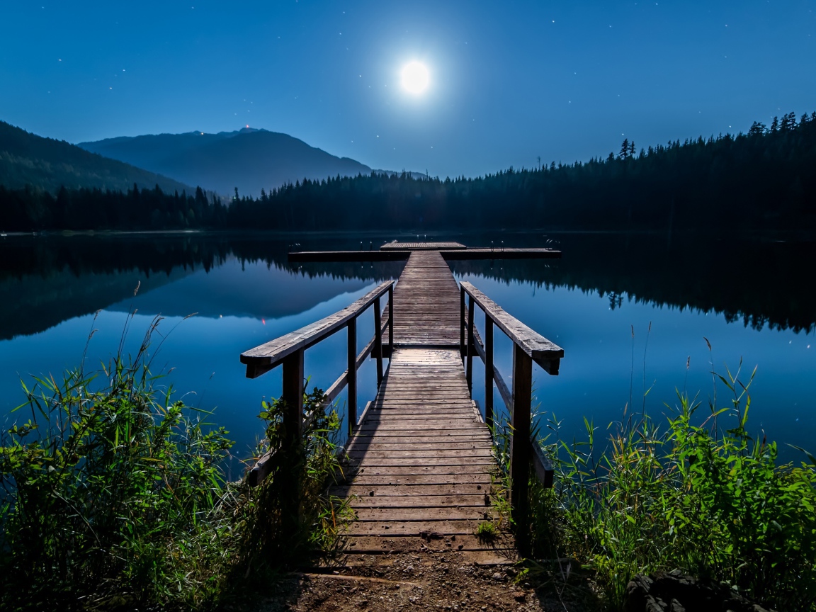 Деревянный мост на озере в полнолуние