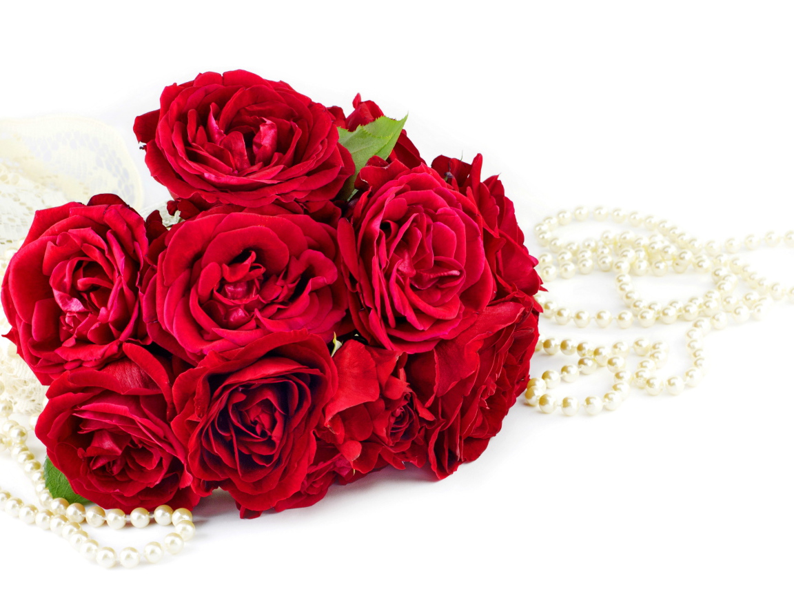 Красивый букет красных роз с бусами на белом фоне