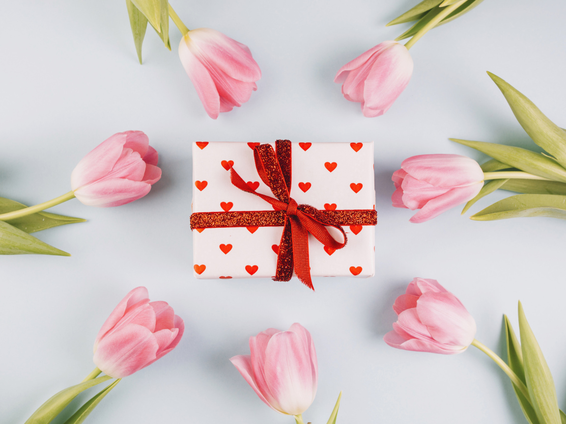 Подарок с розовыми тюльпанами на сером фоне 