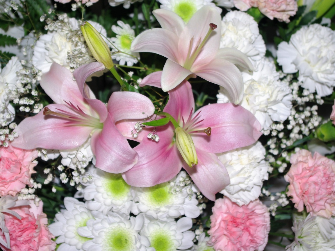 Розовые лилии с белыми и розовыми гвоздиками