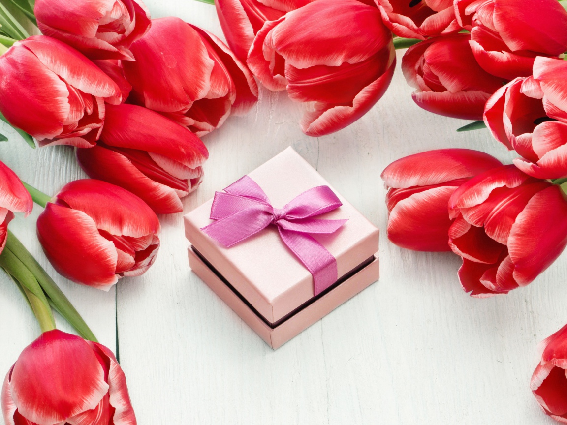 Красные тюльпаны на деревянной поверхности с подарком