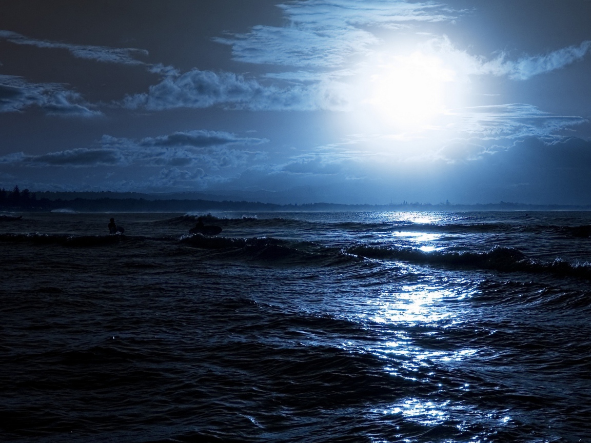 Bright moon lights the waves on the seashore