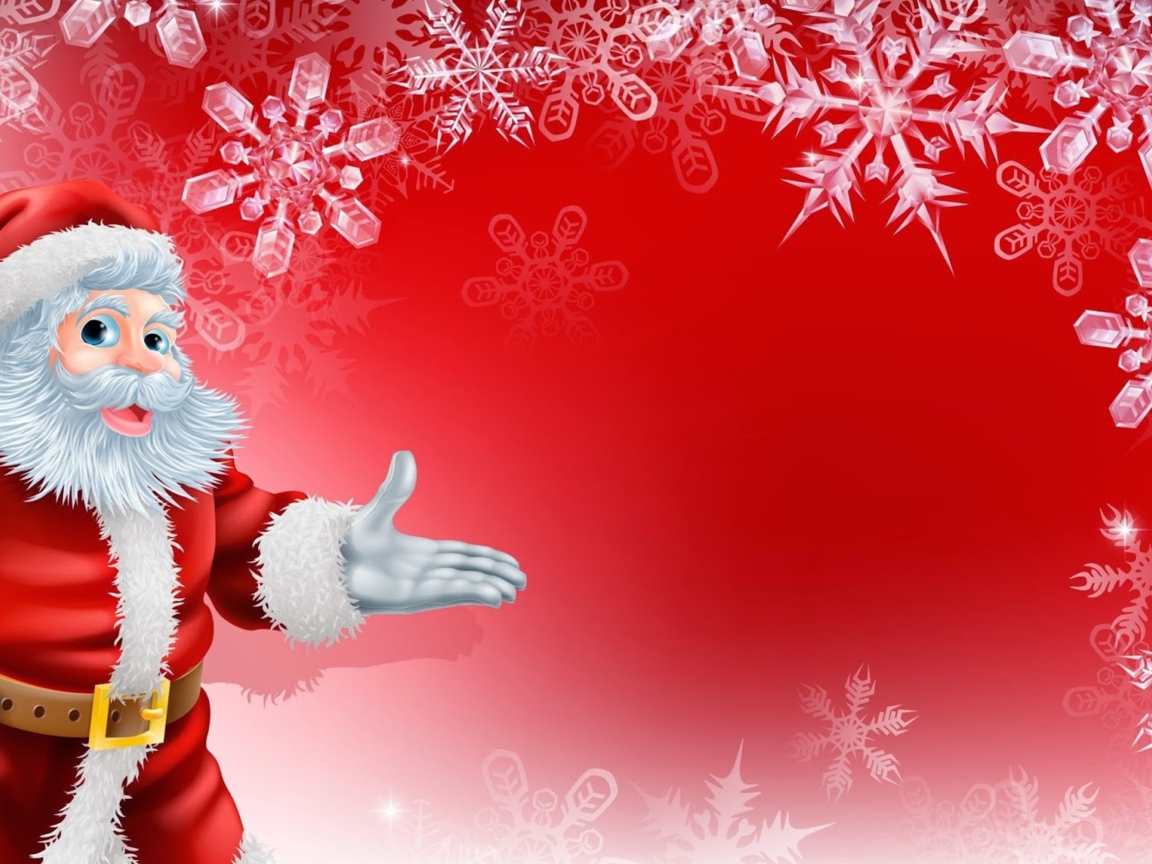Санта Клаус на красном фоне с белыми снежинками, фон для новогодней открытки
