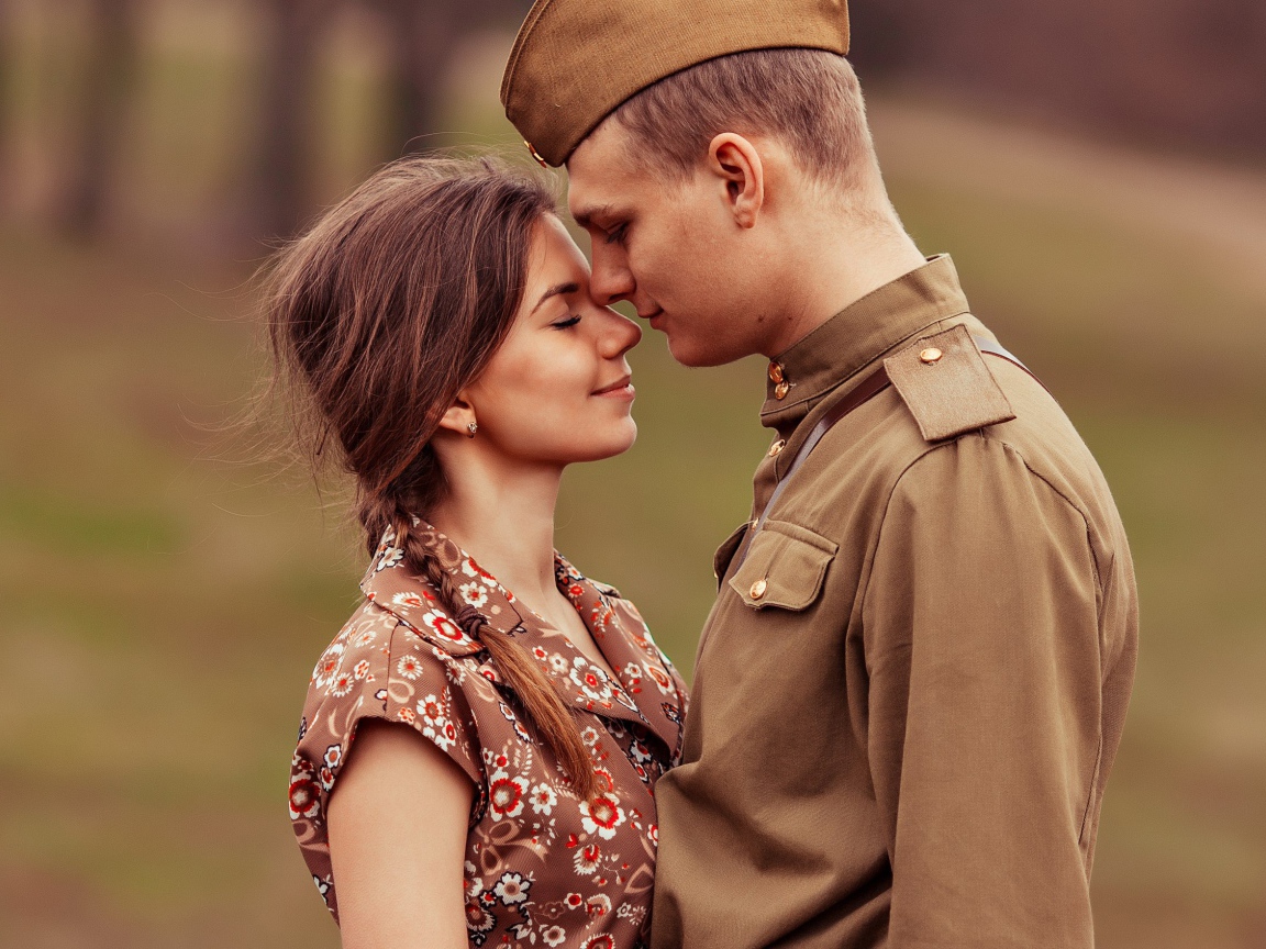 Girl meets soldier with war, retro photo