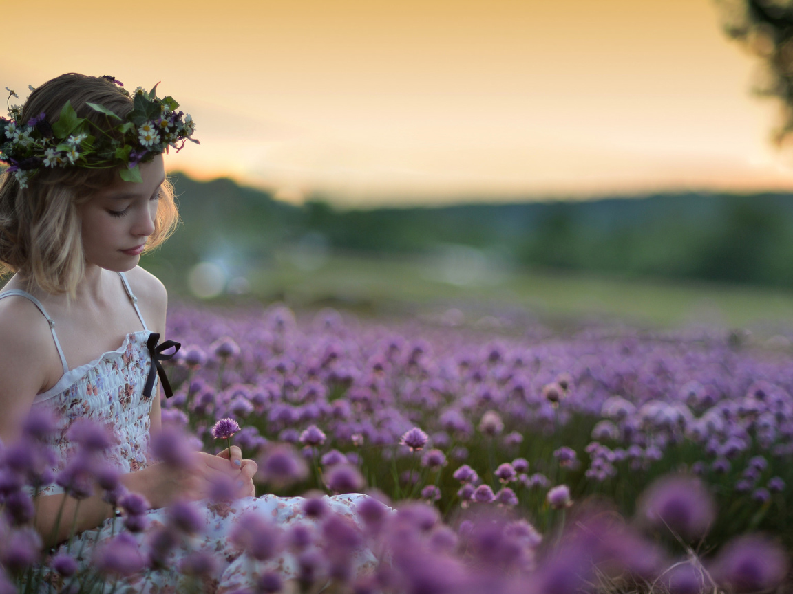 Нежная маленькая девочка сидит на поле с сиреневыми цветами