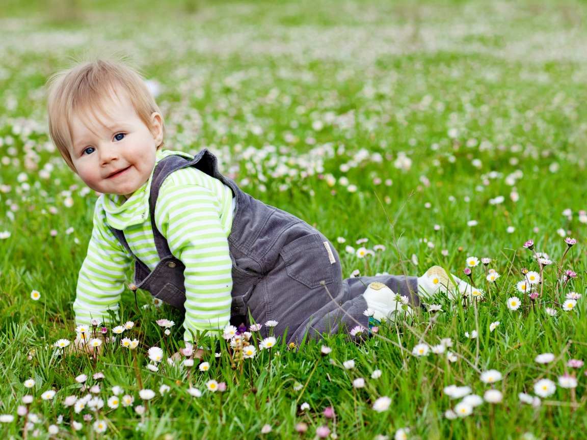Маленький веселый мальчик на поляне с белыми цветами
