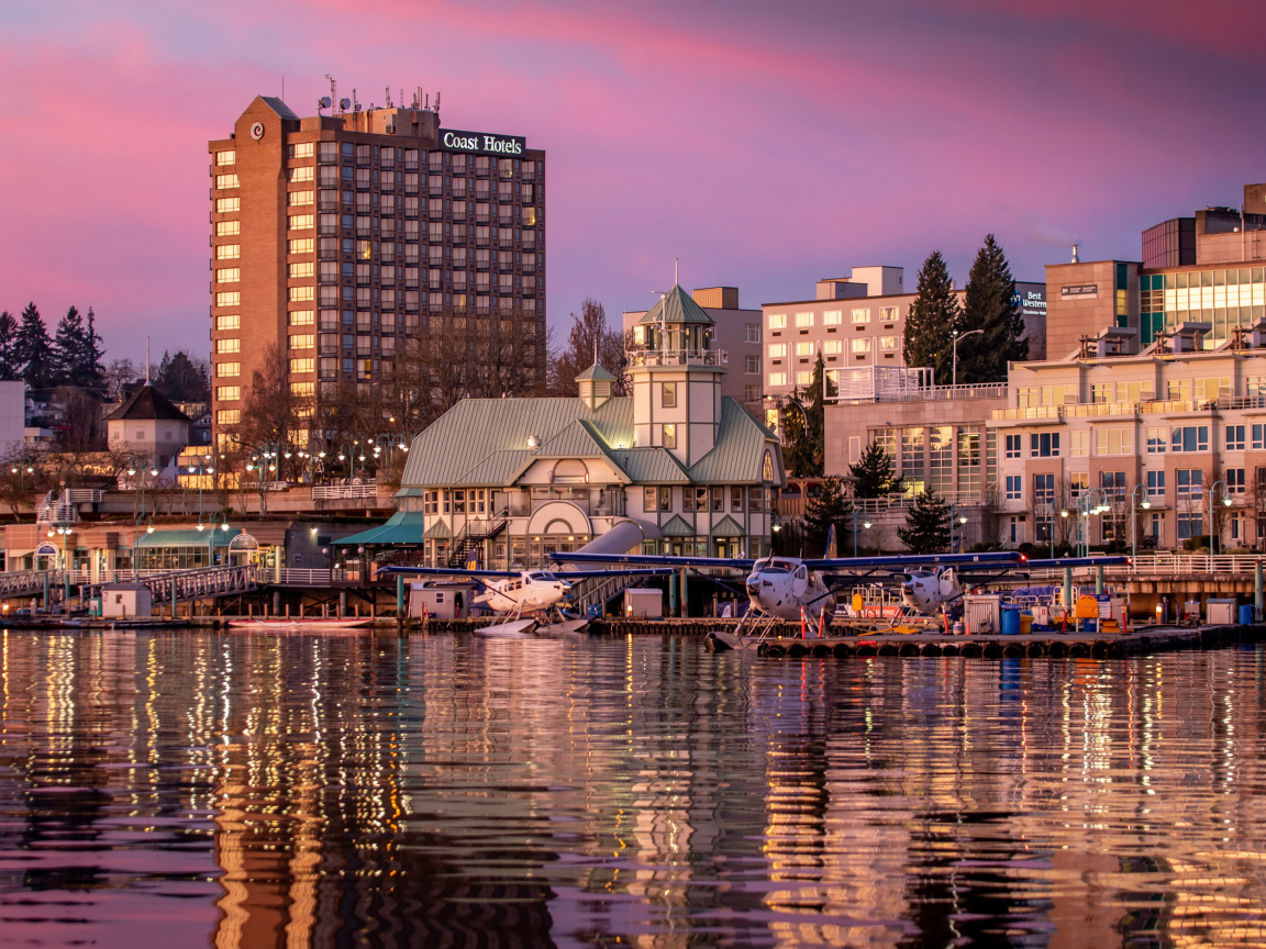 Buildings at the pier at sunset, Vancouver. Canada