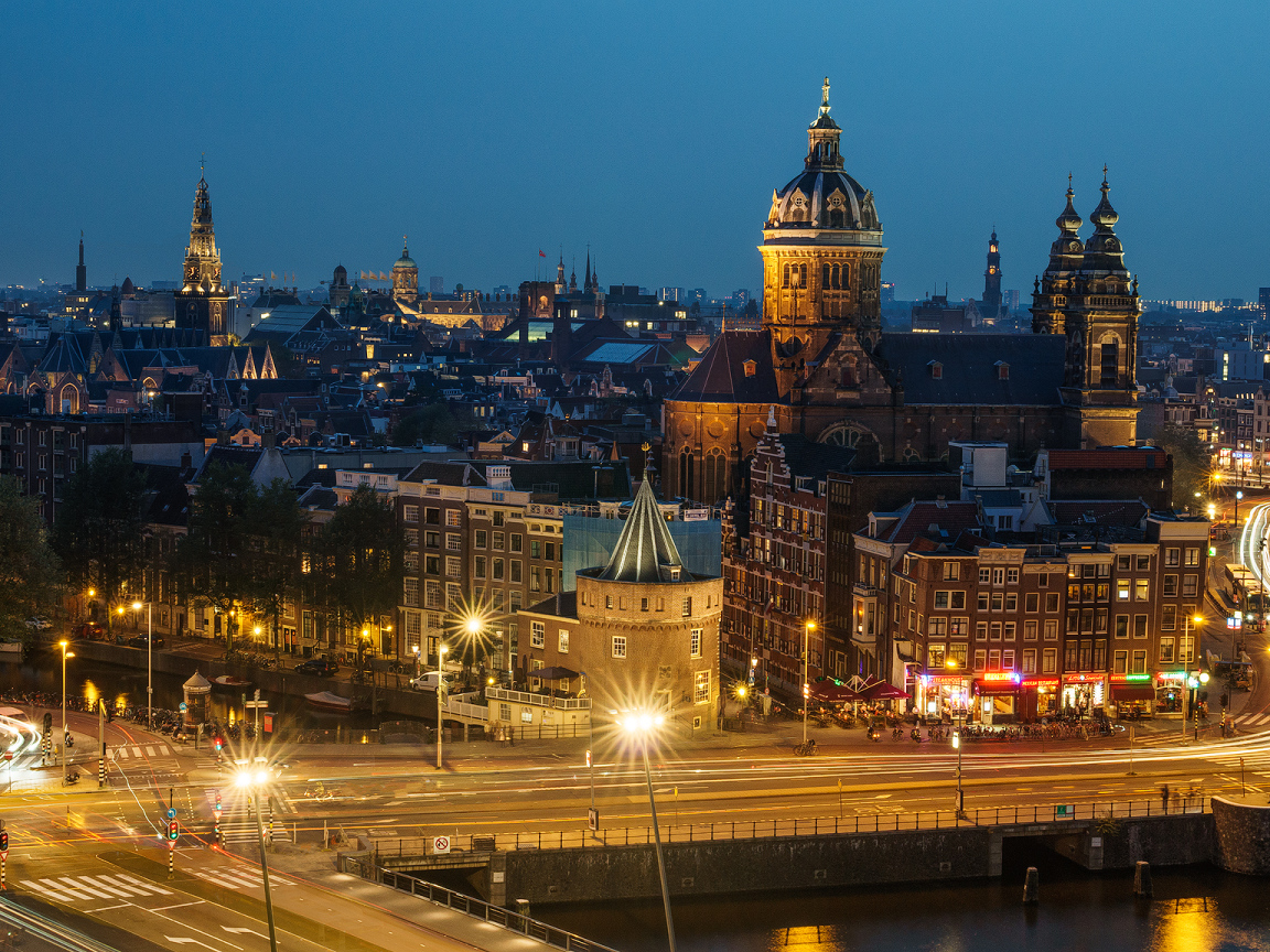 Панорама ночного города Амстердам, Нидерланды