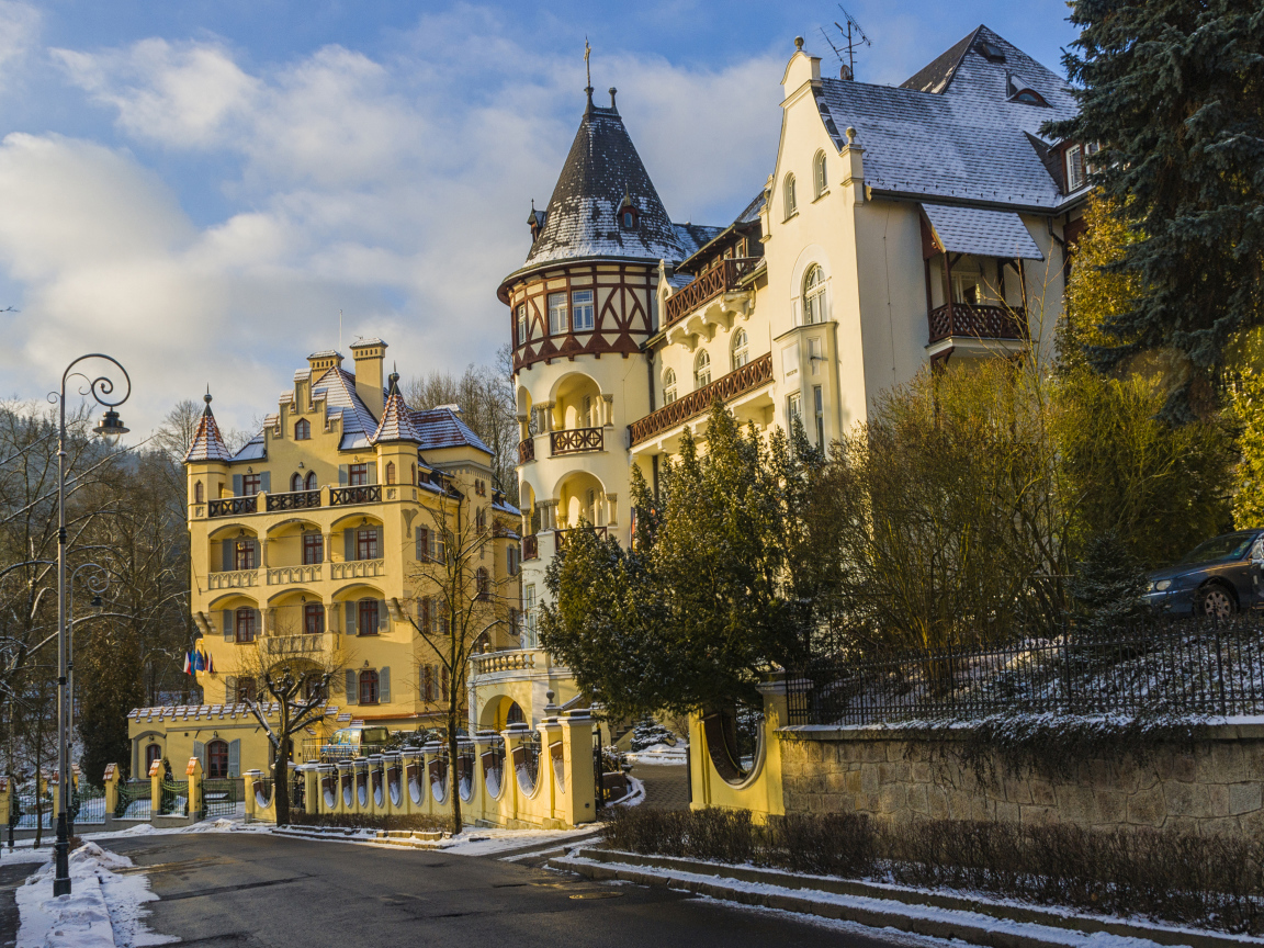Beautiful house in a winter street in the city of Karlovy Vary, Czech Republic
