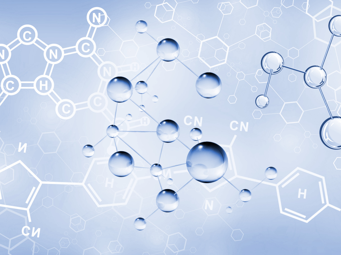 Chemical compounds on a blue background, 3D graphics