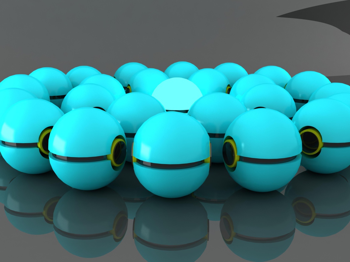 Много голубых шаров отражаются в сером поверхности 