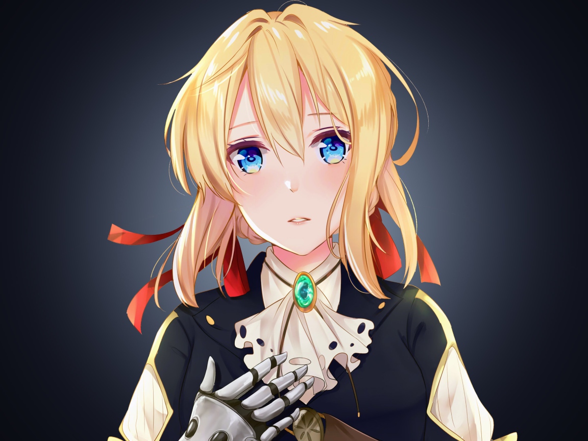 Девушка аниме Вайолет Эвергарден на сером фоне