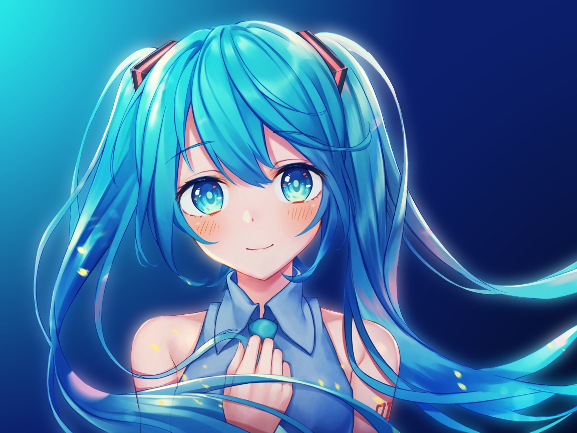 Девушка с голубыми волосами Мику Хацунэ аниме Вокалоид  на синем фоне
