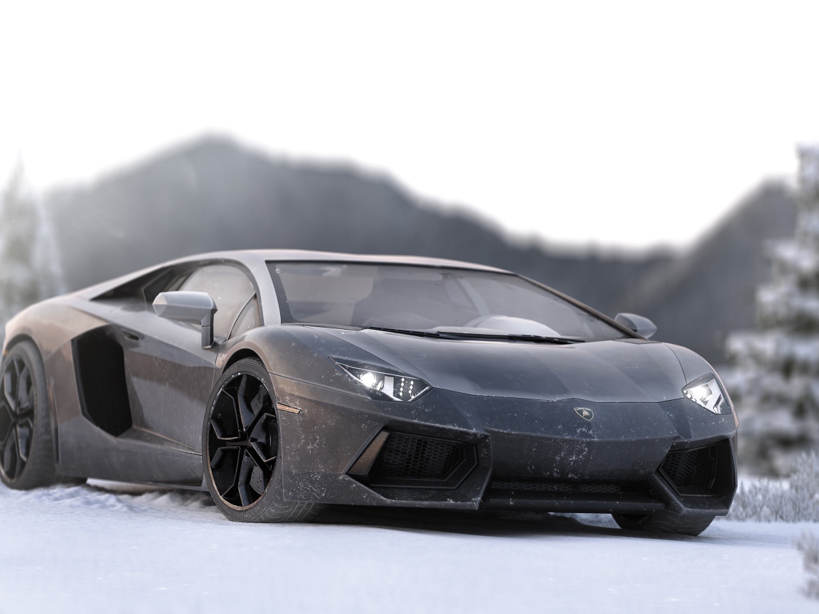 Серый спортивный автомобиль Lamborghini Aventador на снегу