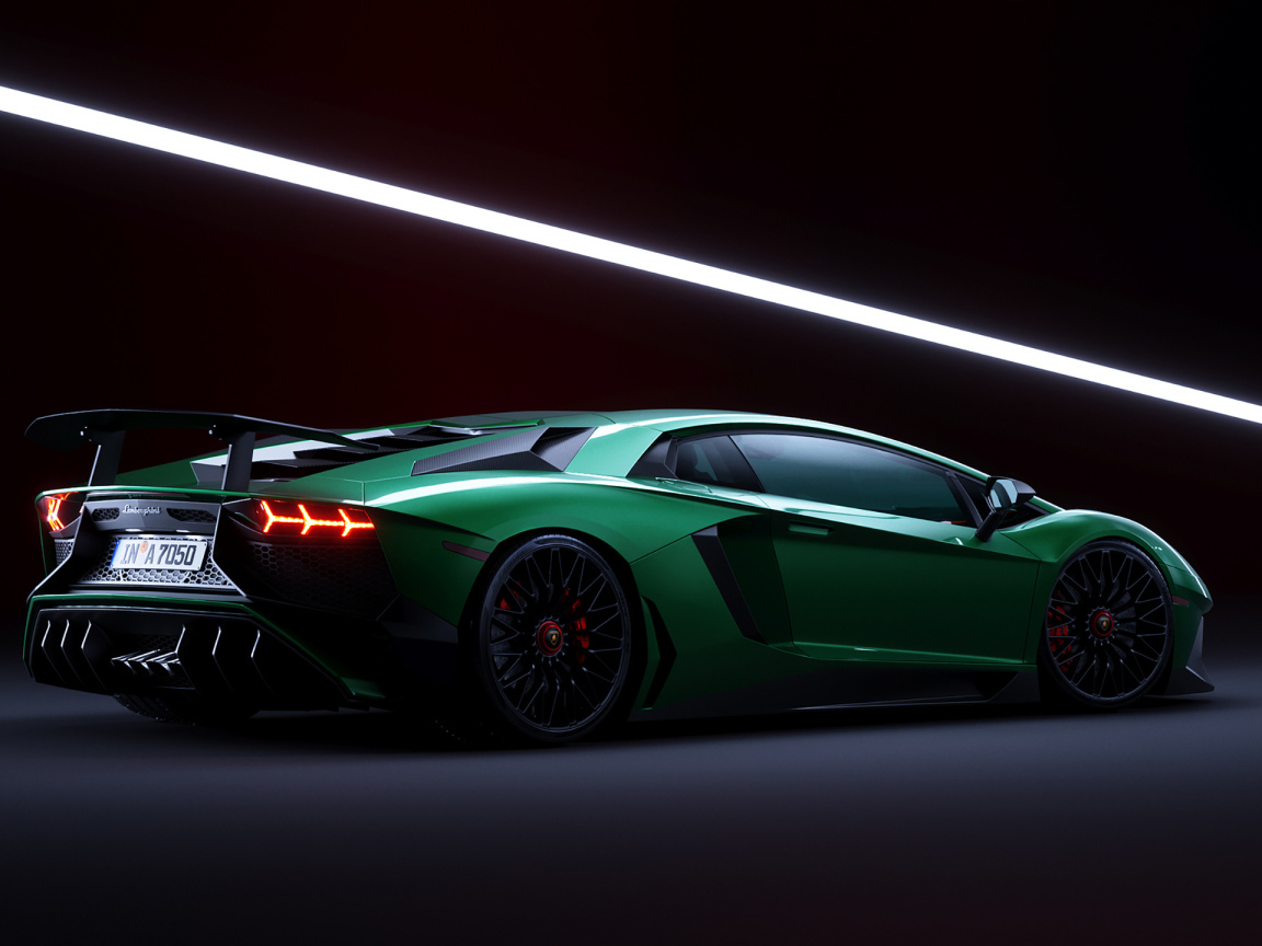 Green sports car Lamborghini Aventador rear view