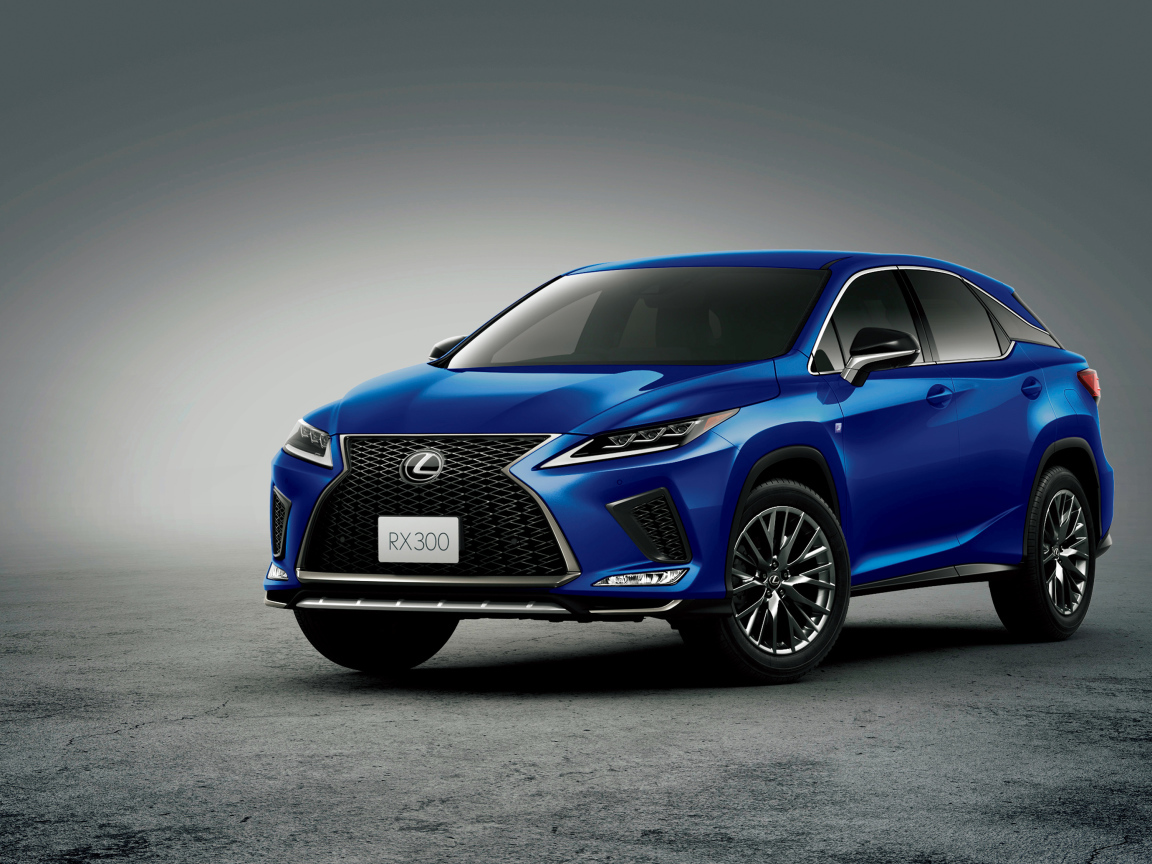 Синий автомобиль Lexus RX 300 F SPORT 2019 года на сером фоне