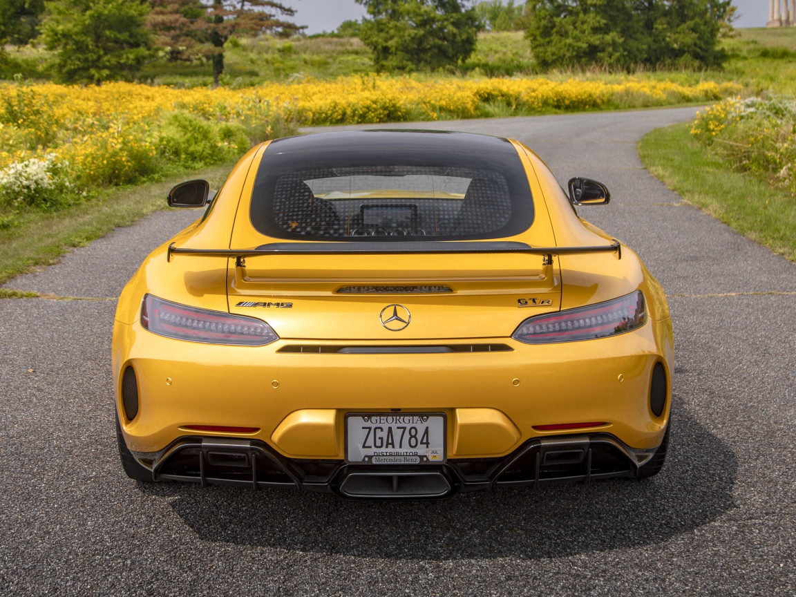 Желтый автомобиль  Mercedes-AMG GT R, 2020 года вид сзади