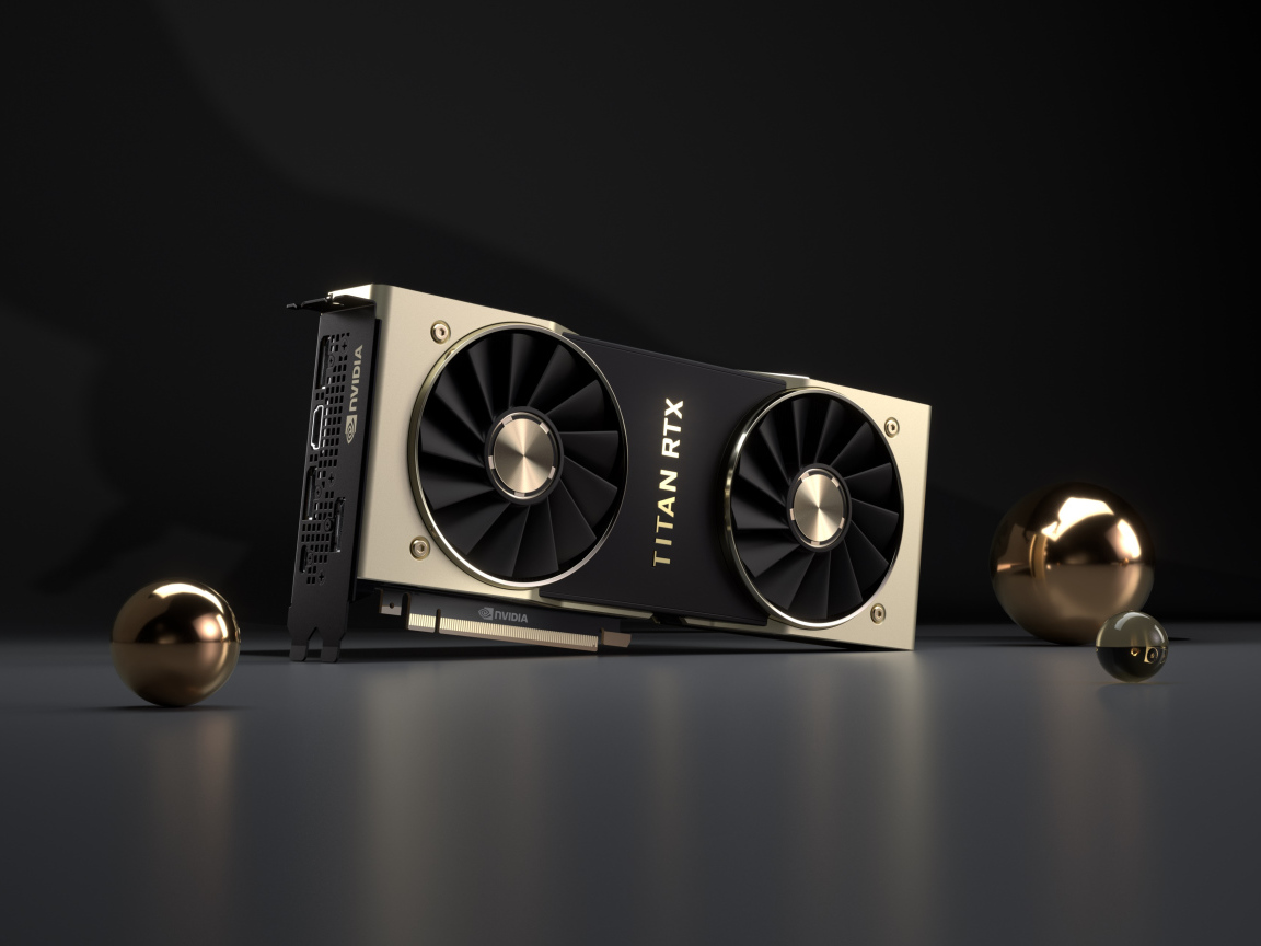 Powerful Nvidia Titan RTX graphics card on a gray background