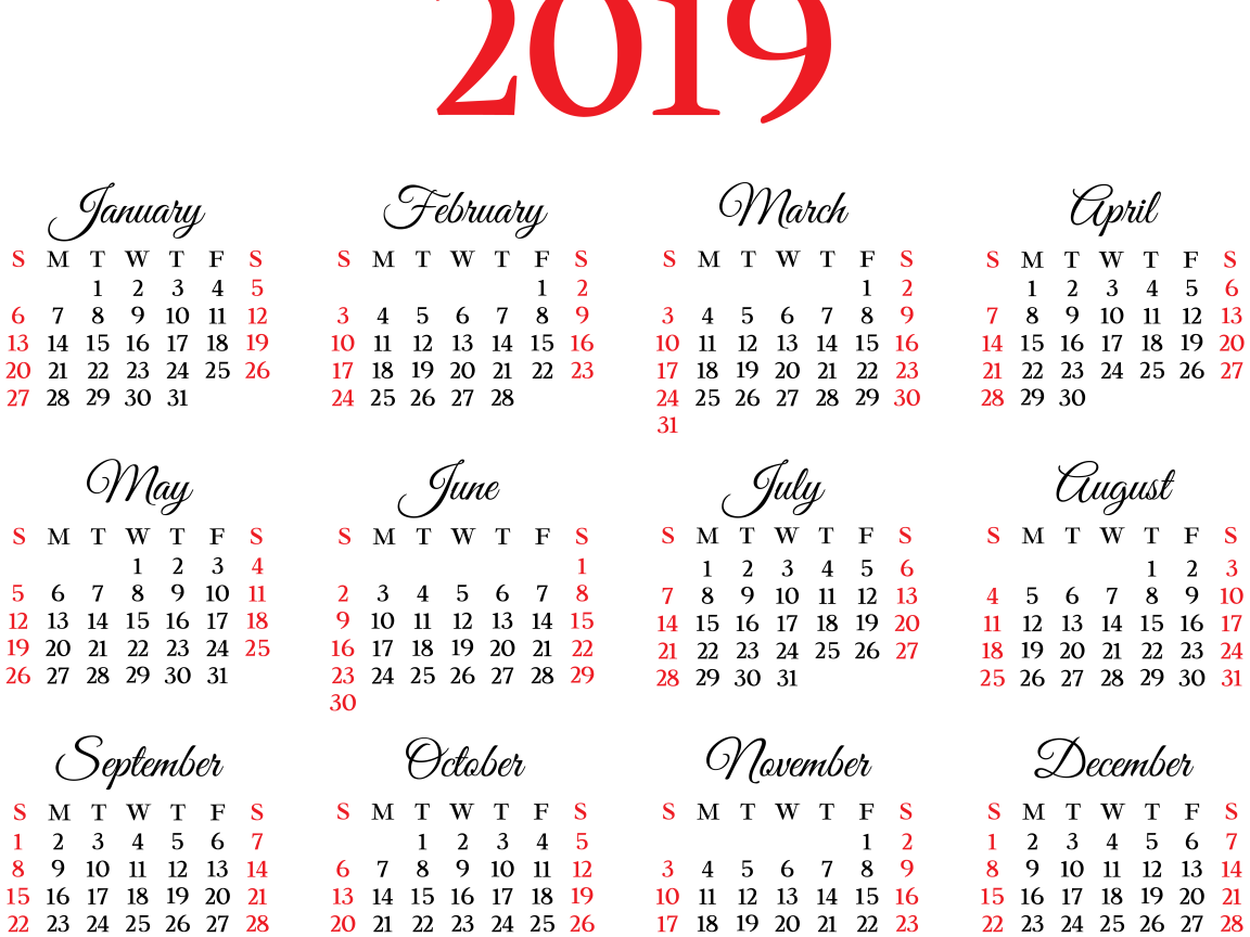 Календарь на 2019 года на белом фоне