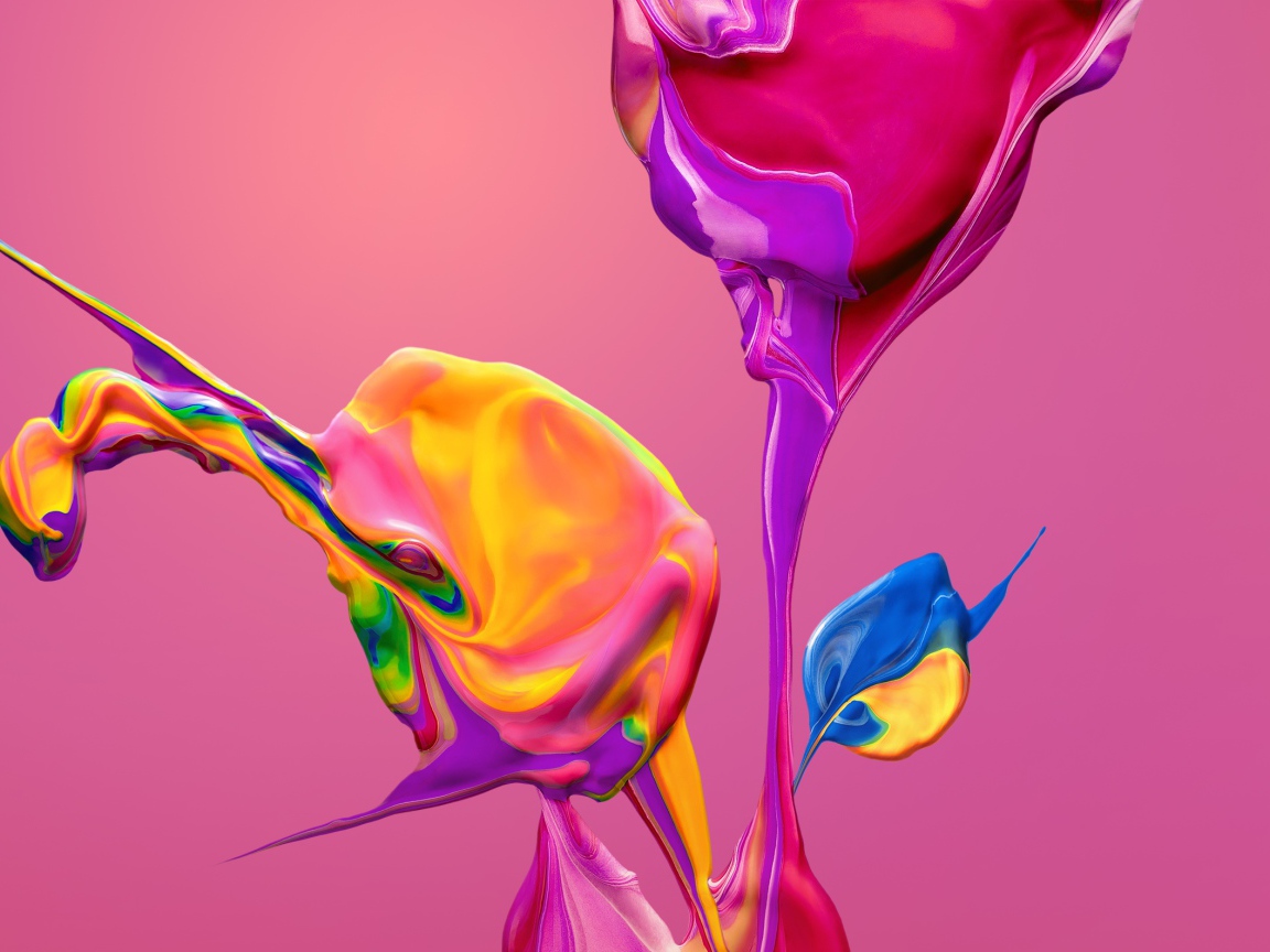 Разноцветные краски смешиваются на розовом фоне