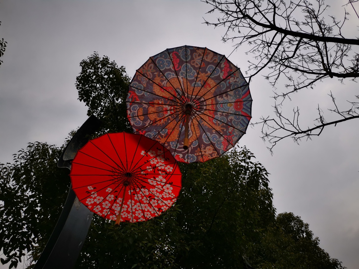 Два разноцветных японских зонтика на фоне неба