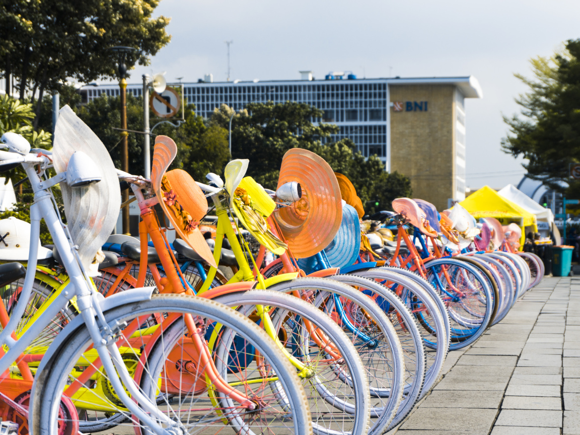 Женские велосипеды со шляпками стоят в ряд 