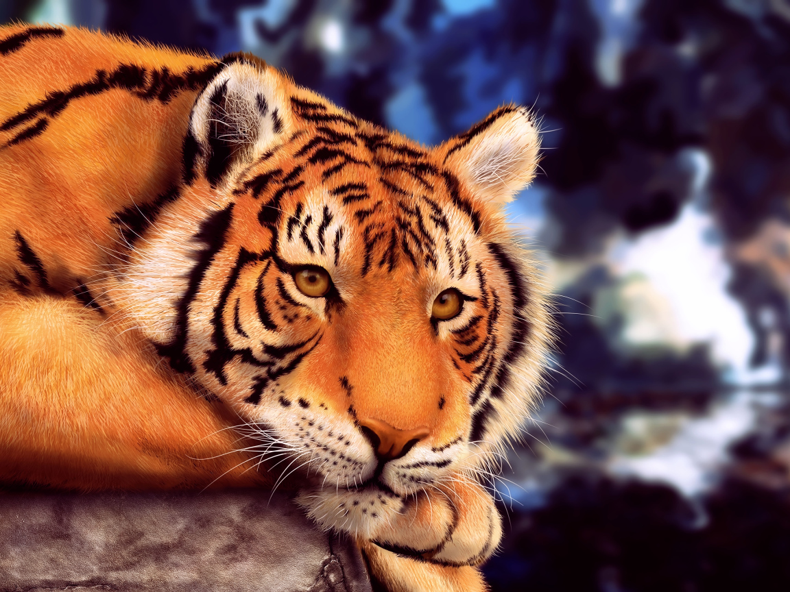 Большой нарисованный тигр лежит на камне