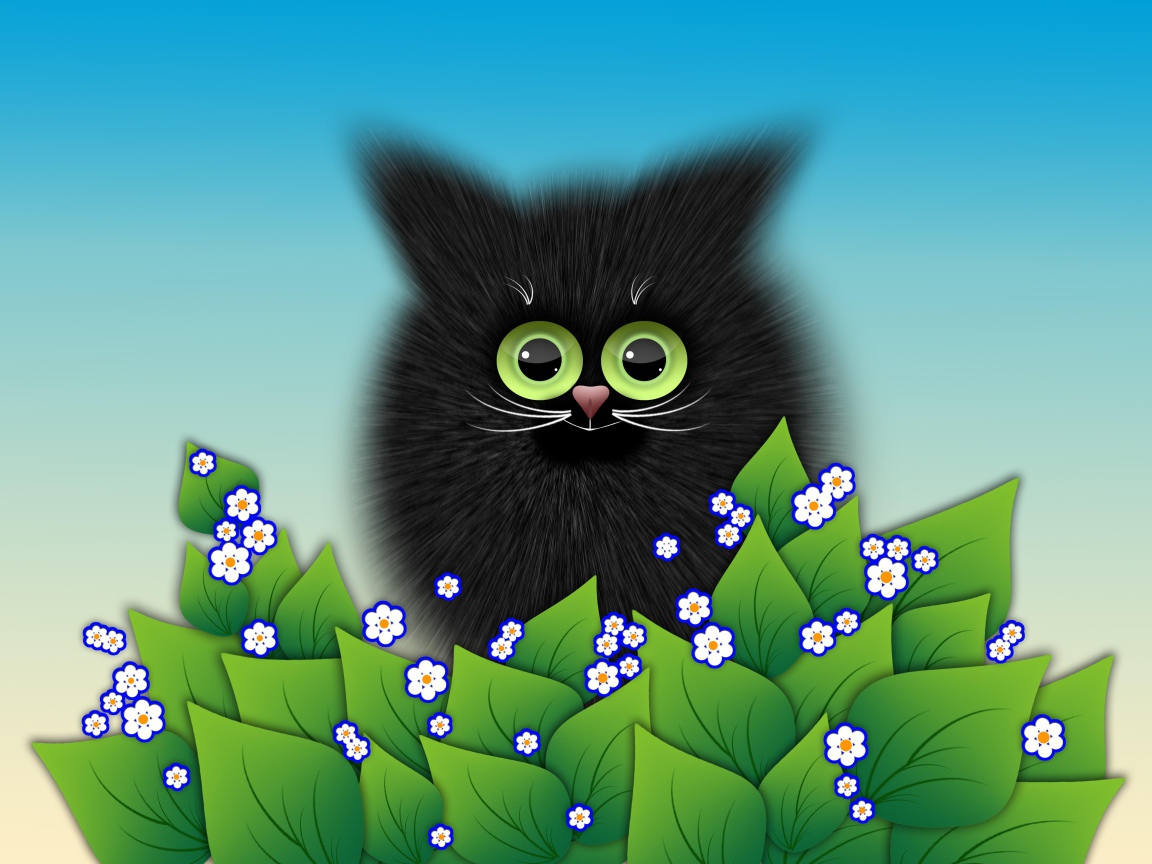 Черный котенок с зелеными листьями векторный рисунок