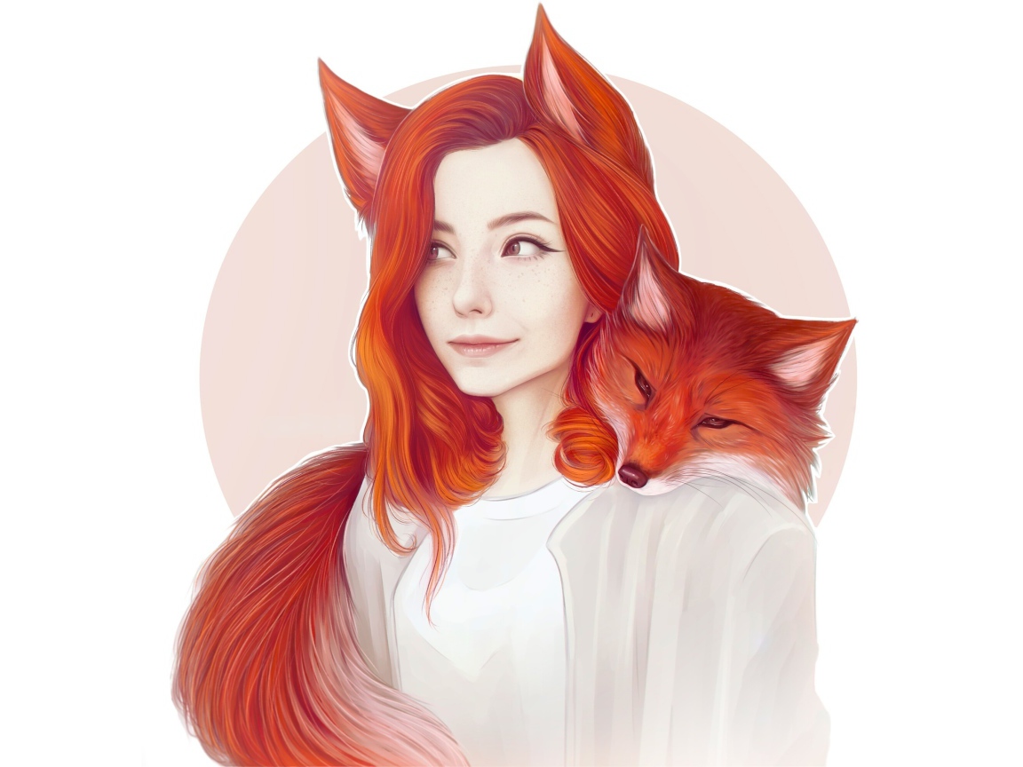 Красивая рыжеволосая девушка с лисой на шее 