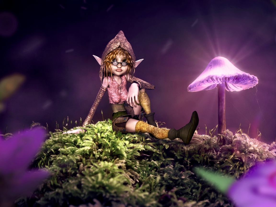 Фантастический эльф сидит на покрытой мхом земле с неоновыми грибами