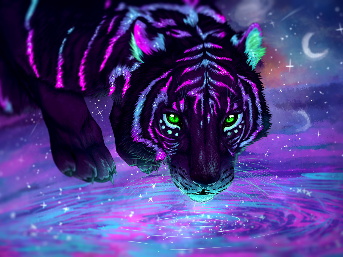 Фантастический неоновый тигр пьет воду