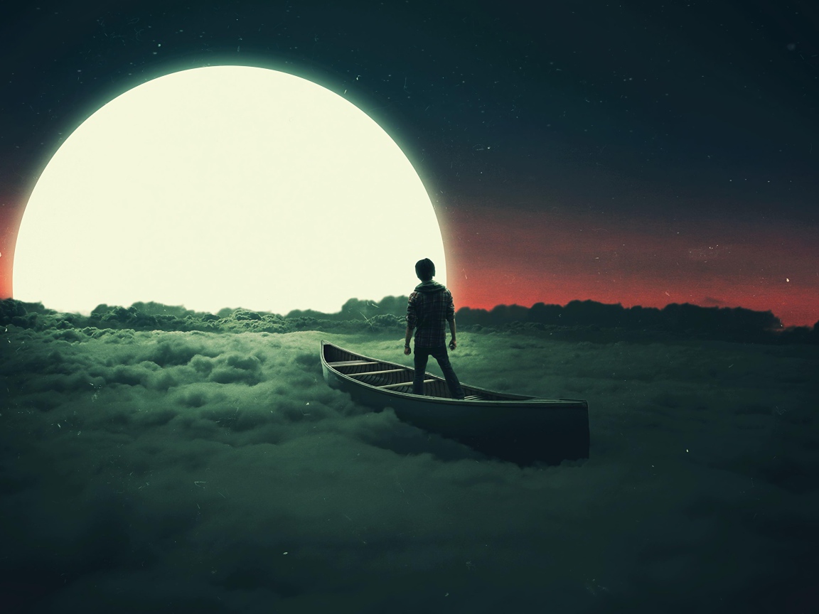 Мальчик плывет на лодке по облакам к луне