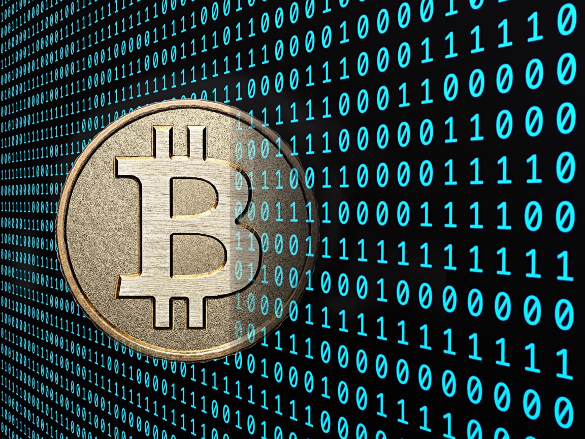 Bitcoin coin on the background of a numeric code