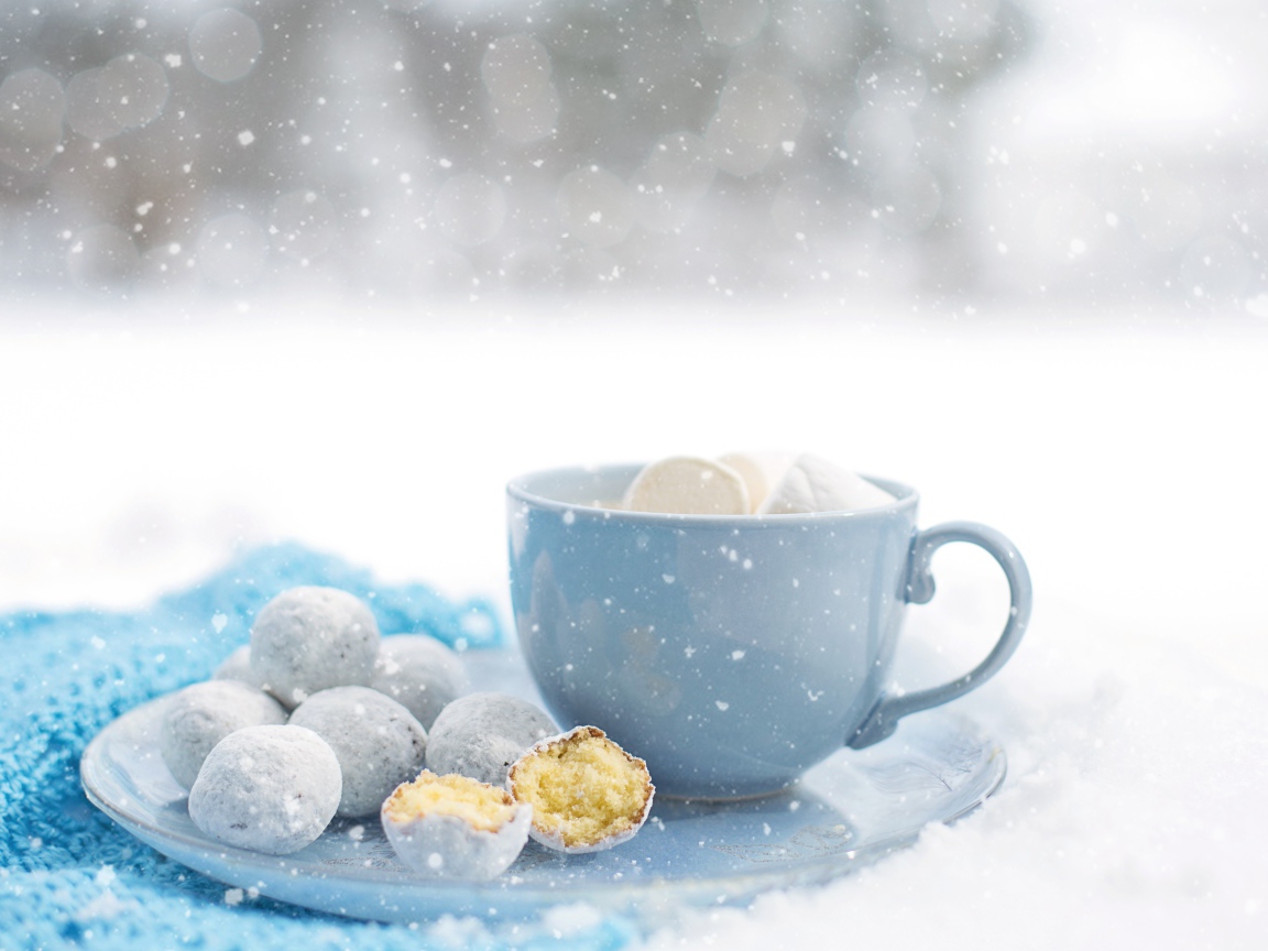 Чашка кофе с маршмеллоу на тарелке с пряниками зимой